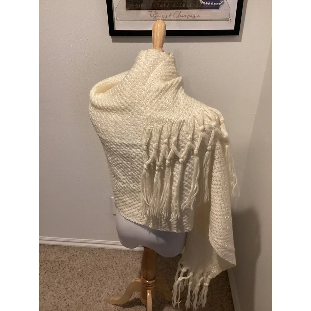 Cream Woven Shawl Scarf Fringed Tassel Textured‎ Boho Wrap Accessory